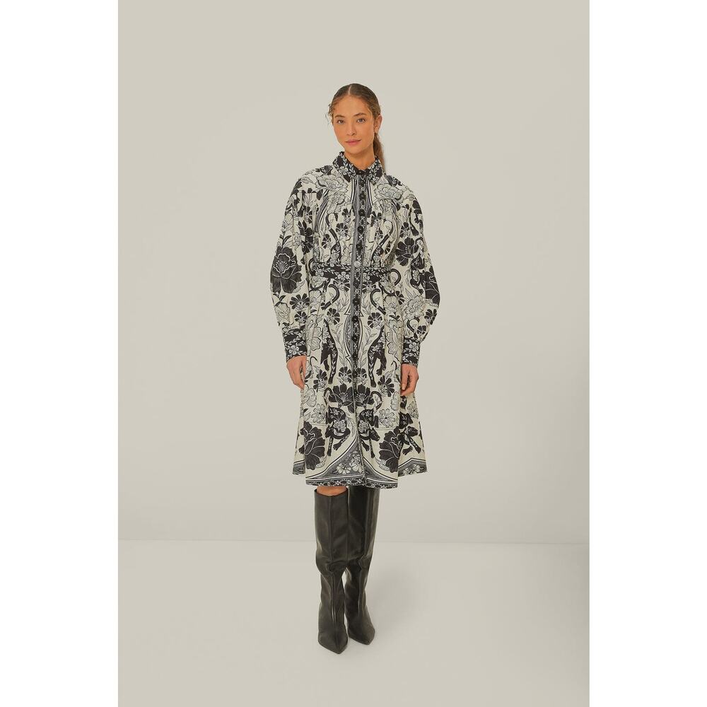 NWT FARM RIO Women's Black White Flowers Leopards Collared Midi Dress Size M